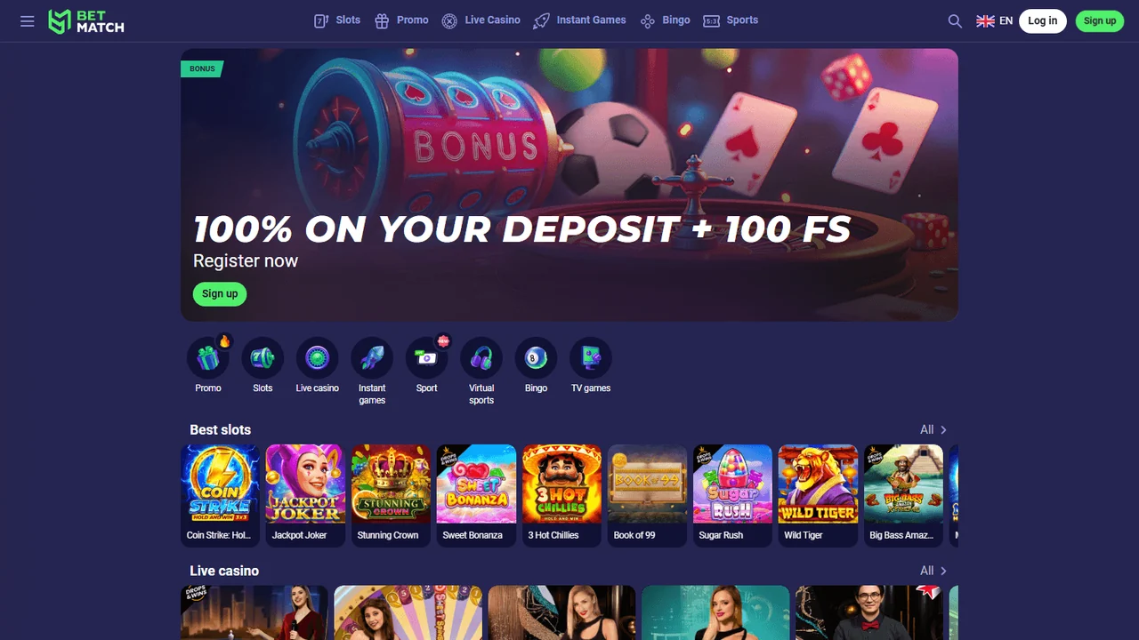 BetMatch Casino — početna stranica